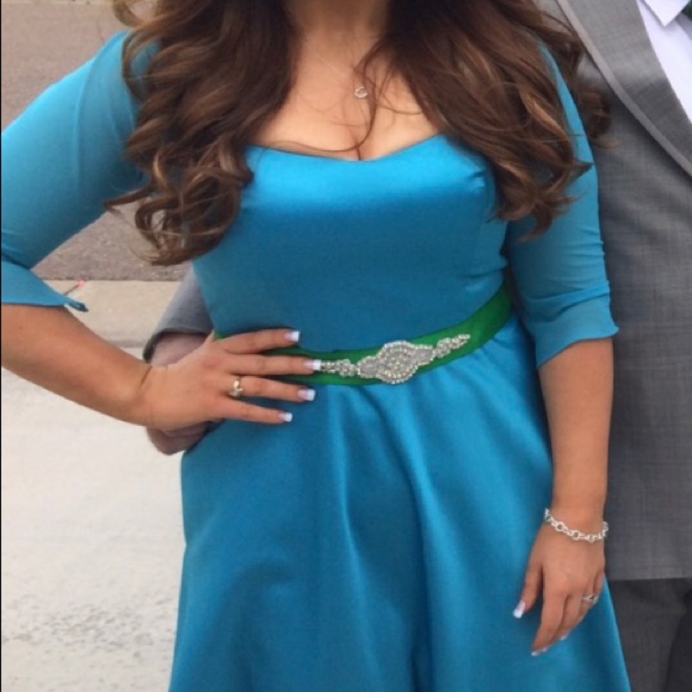 Tea length David’s bridal Malibu bridesmaid dress